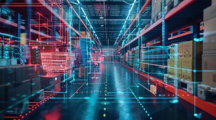 A warehouse with a shopping cart graphic overlay.