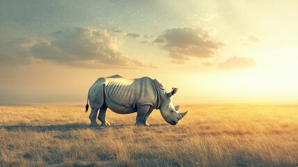Fototapeta premium White Rhino in a Golden Field at Sunset