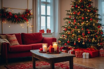 Obraz premium Beautiful festively decorated room with a Christmas tree. Cozy living room in red tones with a stylish classic decor
