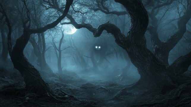 Imagine a dense, foggy forest with twisted, gnarled trees. Add a touch of eeriness with ghostly apparitions, glowing eyes peering from the darkness, and perhaps a full moon casting a pale light