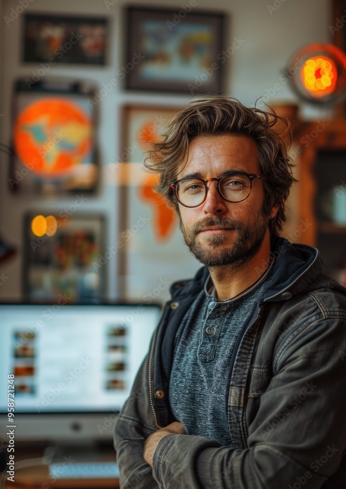 Poster A man with glasses and a beard is standing in front of a computer monitor