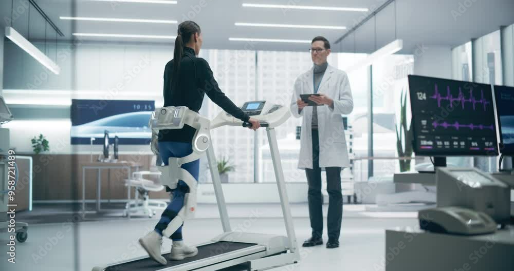 Poster advanced physical rehabilitation in a futuristic medical lab using an exosuit on a treadmill, monito