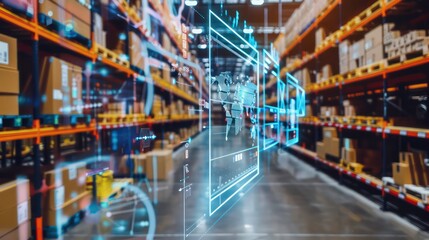 Digital interface overlaying a blurred warehouse interior, showcasing a world map, data analytics, and logistics management.