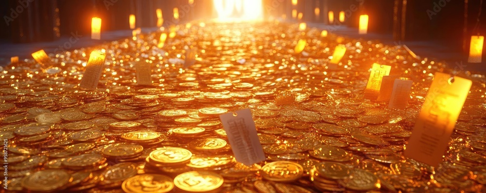 Poster a mesmerizing scene of gold coins shimmering under warm light, creating a treasure-filled atmosphere