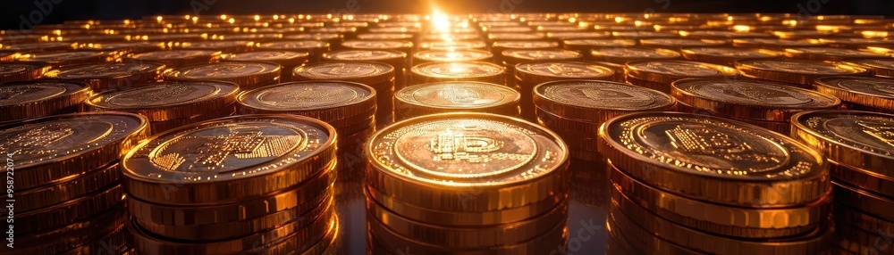 Poster a stunning view of shiny coins reflecting golden light, symbolizing wealth and prosperity in a capti