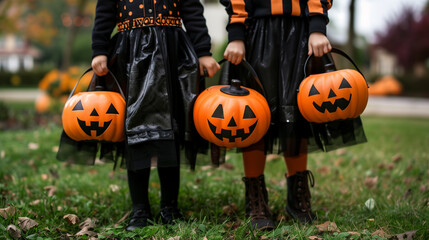 Obraz premium Two children dressed in Halloween costumes holding pumpkins and trick-or-treat bags stand