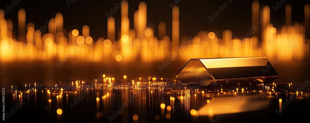 Poster shiny gold bar resting on a reflective surface with a warm, glowing background, symbolizing wealth a