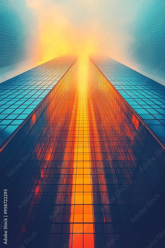 Poster triangular skyscrapers rising against a pastel yellow sky, with overlapping shapes creating depth an
