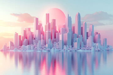 Fototapeta premium Abstract city skyline composed of geometric shapes in soft pastel pink and lavender, isolated on a pale blue background,