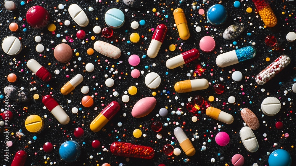 Poster Photogram featuring various pills and capsules arranged in a starburst pattern with shadows that emphasize their shape and texture Stock Photo with copy space