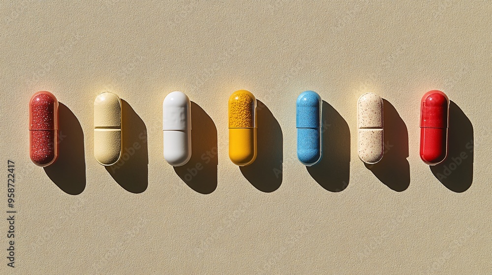 Poster Photogram featuring various pills and capsules arranged in a starburst pattern with shadows that emphasize their shape and texture Stock Photo with copy space