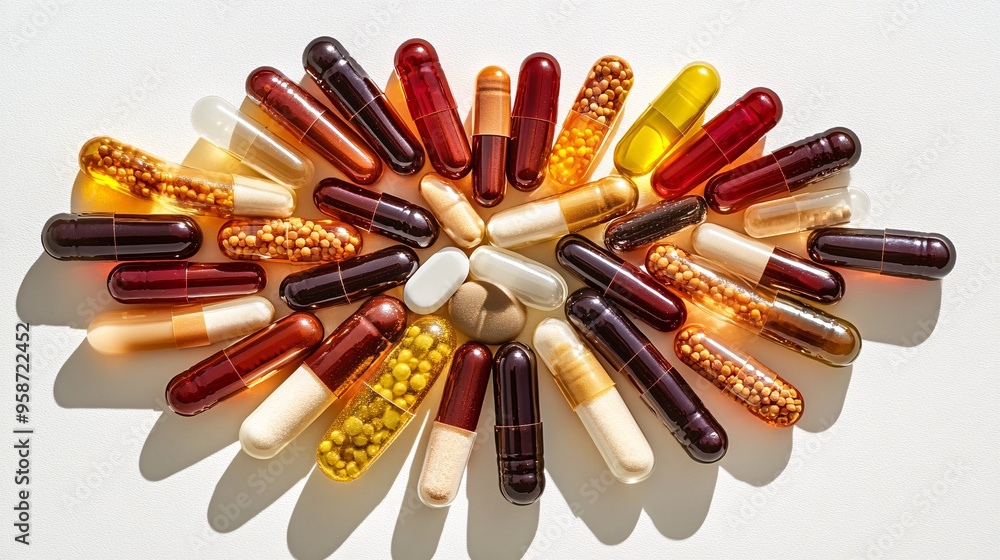 Aufkleber Photogram featuring various pills and capsules arranged in a starburst pattern with shadows that emphasize their shape and texture Stock Photo with copy space