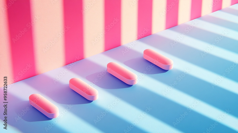 Poster Photogram of medicine tablets arranged to form a geometric pattern casting sharp shadows on a light-sensitive surface Stock Photo with copy space