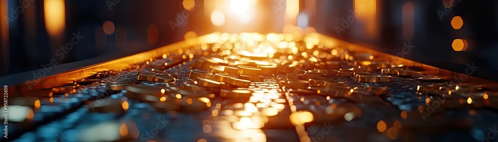 Poster a close-up view of a wet surface glistening with light, showcasing reflections and bright colors in 
