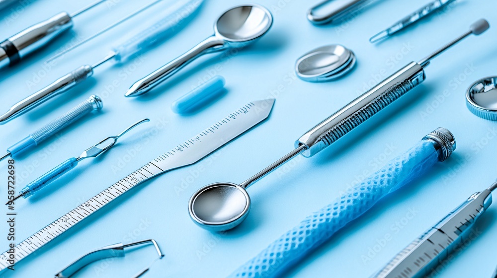 Poster Medical Instruments Silhouettes on a white background with strong contrast between the shadows and the bright surface creating a striking visual impact Stock Photo with copy space