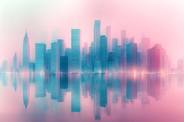 A minimalist city skyline with buildings represented by simple squares and rectangles in pastel green and blue tones, isolated on a pastel pink background,