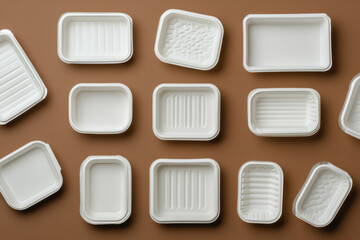 A collection of white biodegradable trays of different sizes and patterns is displayed on a dark brown background, showing variety in design for sustainable food packaging.