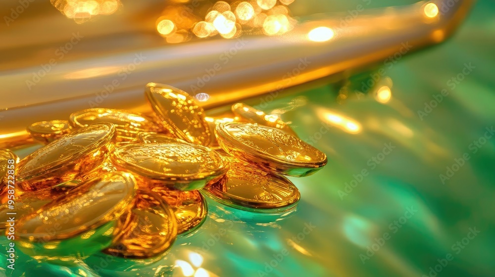 Aufkleber A close-up view of shiny gold coins resting on a reflective green surface, creating a luxurious and vibrant atmosphere.