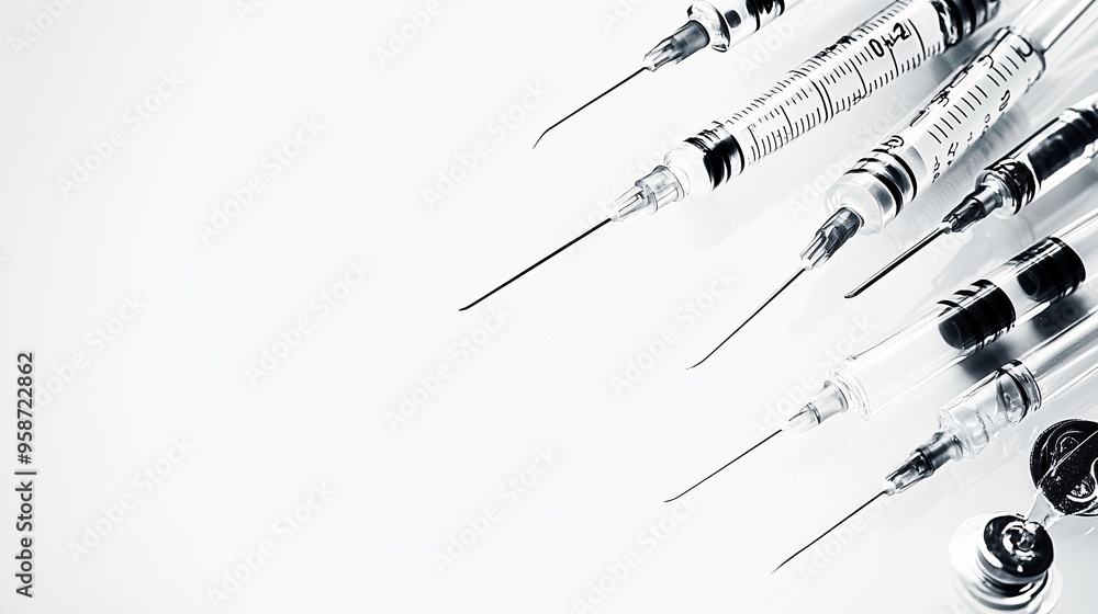 Poster silhouette of various medical tools like syringes and surgical scissors arranged in a balanced compo