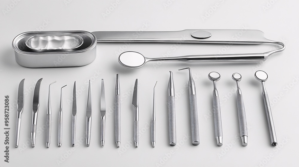 Poster A set of dental instruments placed on a light-sensitive surface creating a photogram with clean sharp shadows and well-defined outlines Stock Photo with copy space