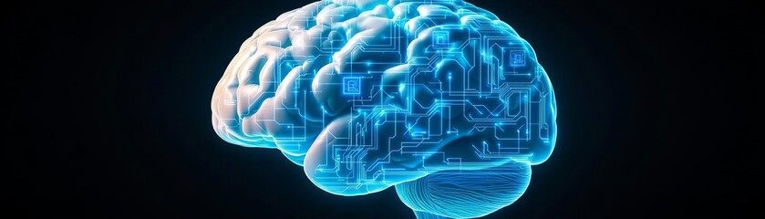 Obraz premium Human brain with integrated AI circuit patterns, AI-powered automation, neural networks, deep learning concept, blue neon glow