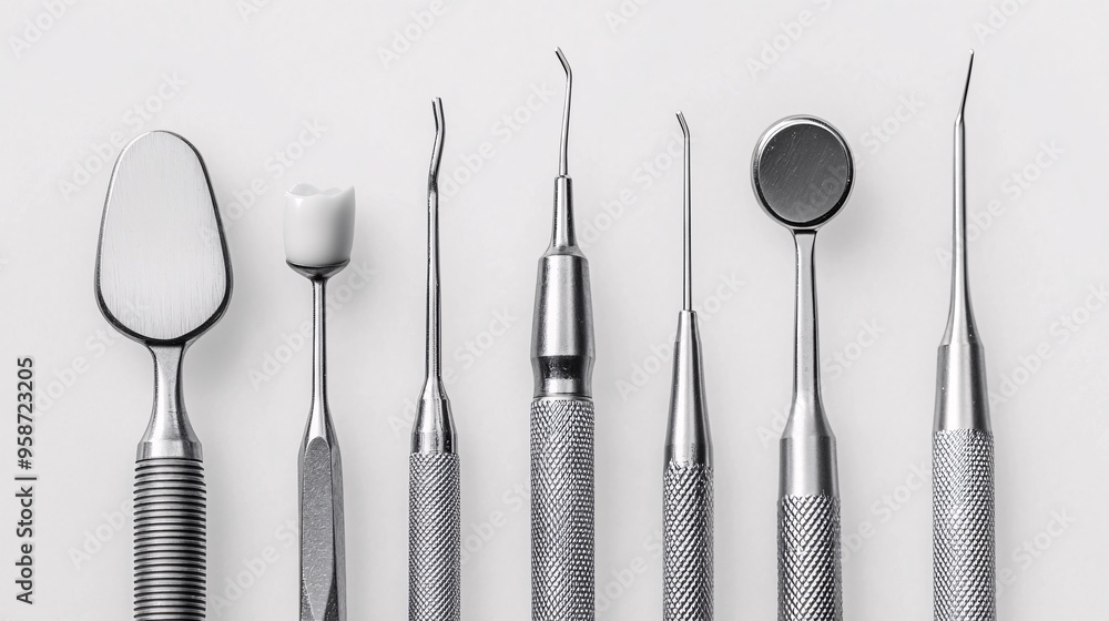 Poster A set of dental instruments placed on a light-sensitive surface creating a photogram with clean sharp shadows and well-defined outlines Stock Photo with copy space