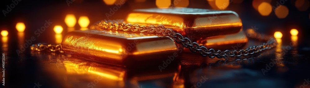 Poster stunning golden bars with a shining chain, surrounded by soft candlelight, creating an elegant and l
