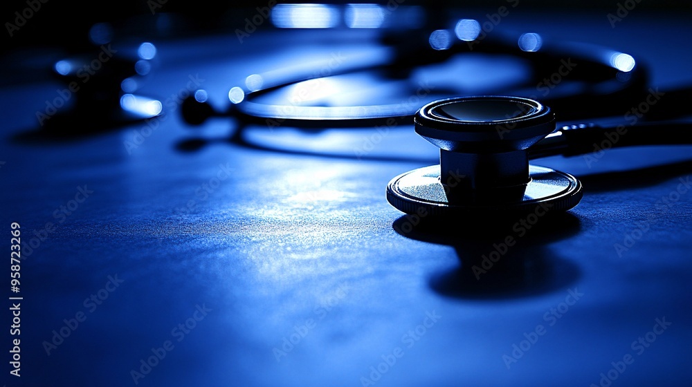 Poster photogram of a stethoscope in various positions capturing the curves and details through its shadow 
