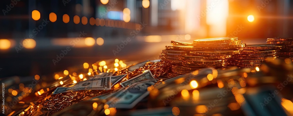 Poster close-up of golden coins and dollar bills, illuminated by warm light, symbolizing wealth and prosper