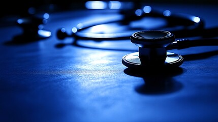 Photogram of a stethoscope in various positions capturing the curves and details through its shadow on a light-sensitive surface Stock Photo with copy space