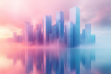 A city skyline with angular skyscrapers in a palette of pastel blue and purple, isolated on a pastel green background,