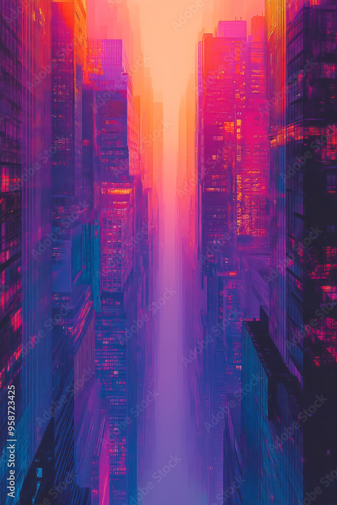 Poster a perspective view of a city alley created from overlapping rectangles and triangles in pastel orang