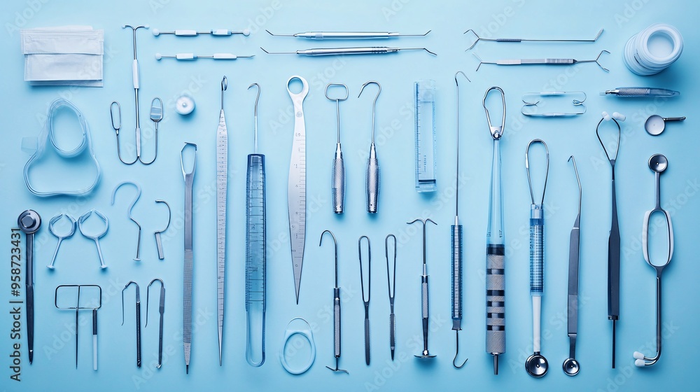 Poster Layered medical instruments arranged to create an intricate photogram design showcasing the variety and complexity of medical tools Stock Photo with copy space