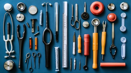 Layered medical instruments arranged to create an intricate photogram design showcasing the variety and complexity of medical tools Stock Photo with copy space