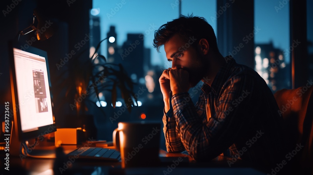 Poster a man focuses intently on his computer screen while working late at night in a city apartment with a