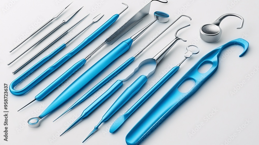 Aufkleber photogram of surgical tools in a neatly arranged composition casting strong clear shadows on a light