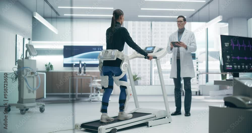 Poster innovative physical rehabilitation using an exoskeleton on a treadmill in a futuristic medical lab, 