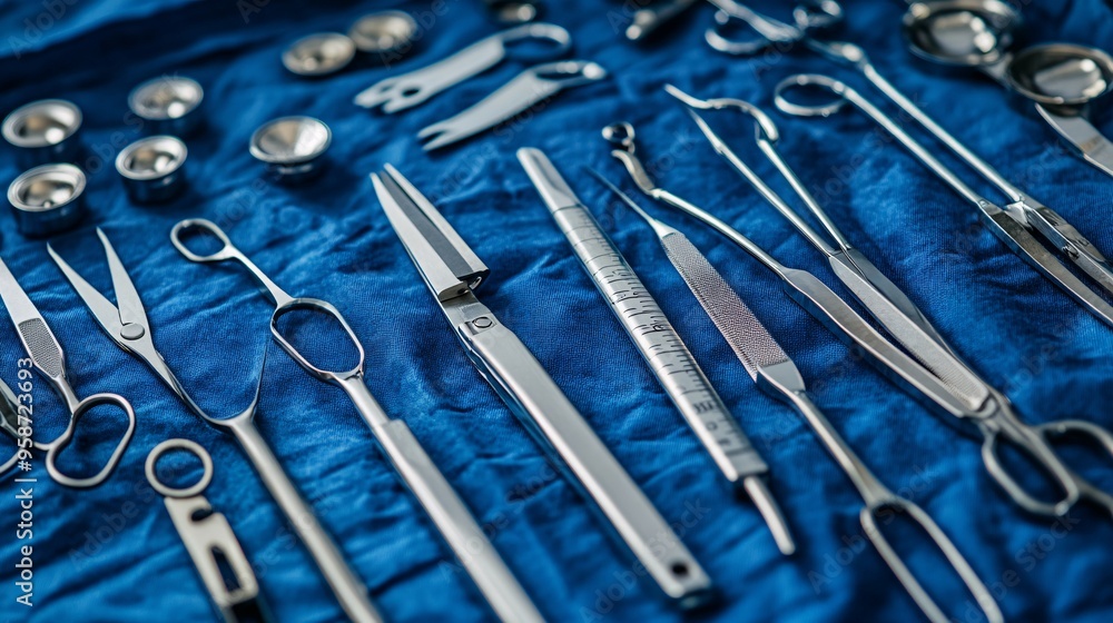 Poster medical instrument set including a scalpel and tweezers laid out to create a photogram highlighting 