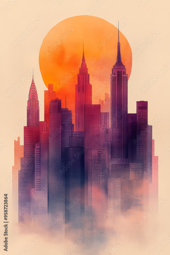 Poster an abstract skyline with buildings represented by minimalistic geometric forms in pastel lavender an
