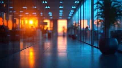 Fototapeta premium Sunset Reflection in Modern Office Hallway Generative AI