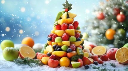Festive fruit Christmas tree arrangement with colorful berries, citrus, and tropical fruits, topped with star-shaped kiwi, set against snowy winter backdrop.