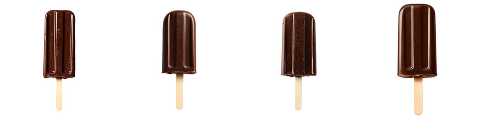 Obraz premium A 3D chocolate popsicle with melting effect and realistic wooden stick detail isolated on white and transparent background