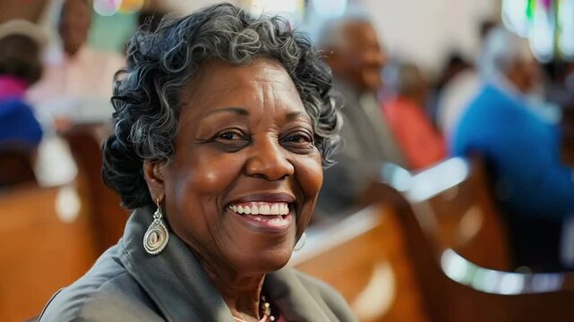 Mature African American black woman smiling at a church