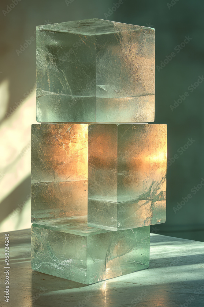 Poster a series of stacked, semi-transparent cubes creating a cascading effect, with soft light and shadows