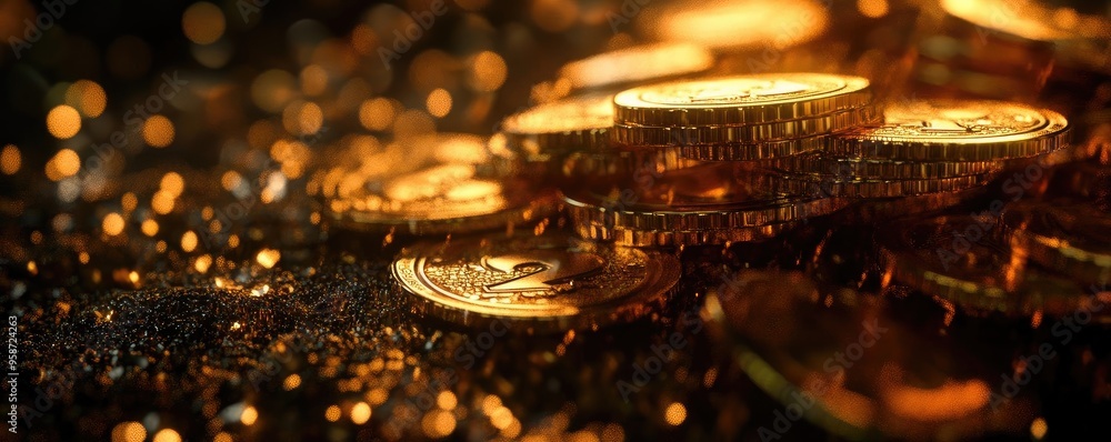 Poster glittering gold coins scattered on a textured surface, reflecting light in a captivating way, ideal 