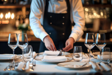 Waiter preparing a table for new guests, ensuring everything is perfectly arranged and clean in an upscale restaurant.