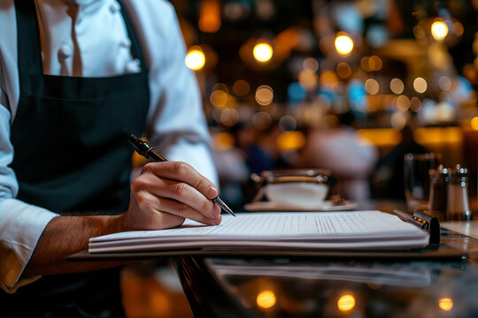 Close-up of a waiter's hand writing down an order on a notepad, with a busy restaurant scene in the background.