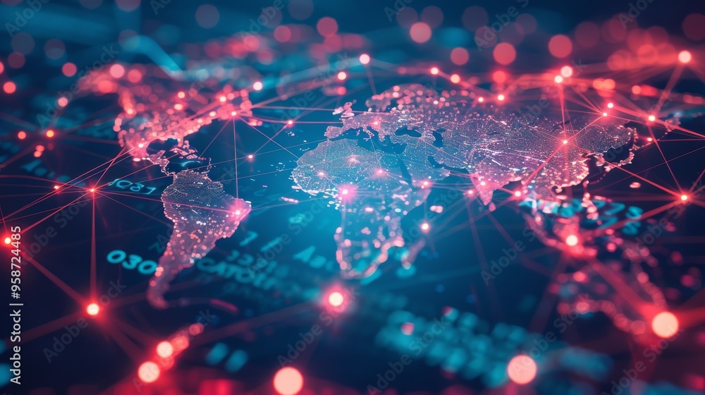 Poster representation of a digital world map with data points connection lines spanning across continents