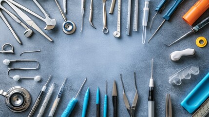 Arrangement of medical tools on a light-sensitive surface forming an abstract photogram with sharp and clear shadows Stock Photo with copy space