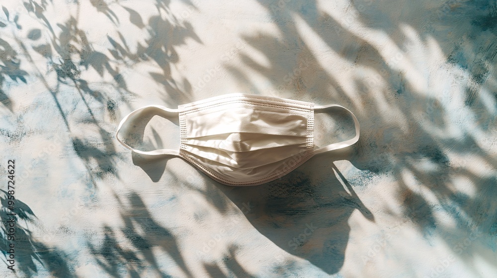 Poster photogram of a medical mask laid flat on a light-sensitive surface casting soft shadows that highlig